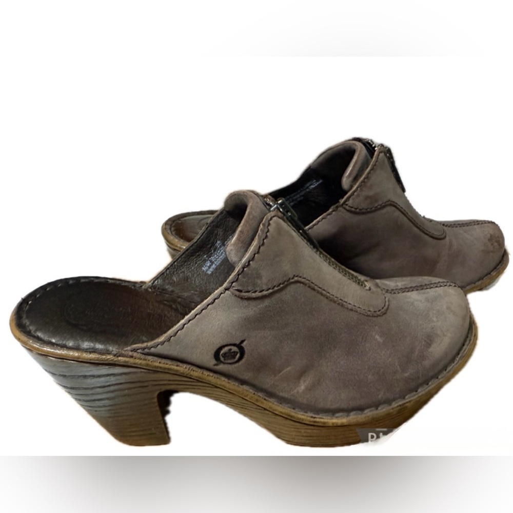 BORN Haledon Leather Clog Mules Brown Pewter Woodgrain Heel Comfort Shoes 7 EU38 - Picture 9 of 13